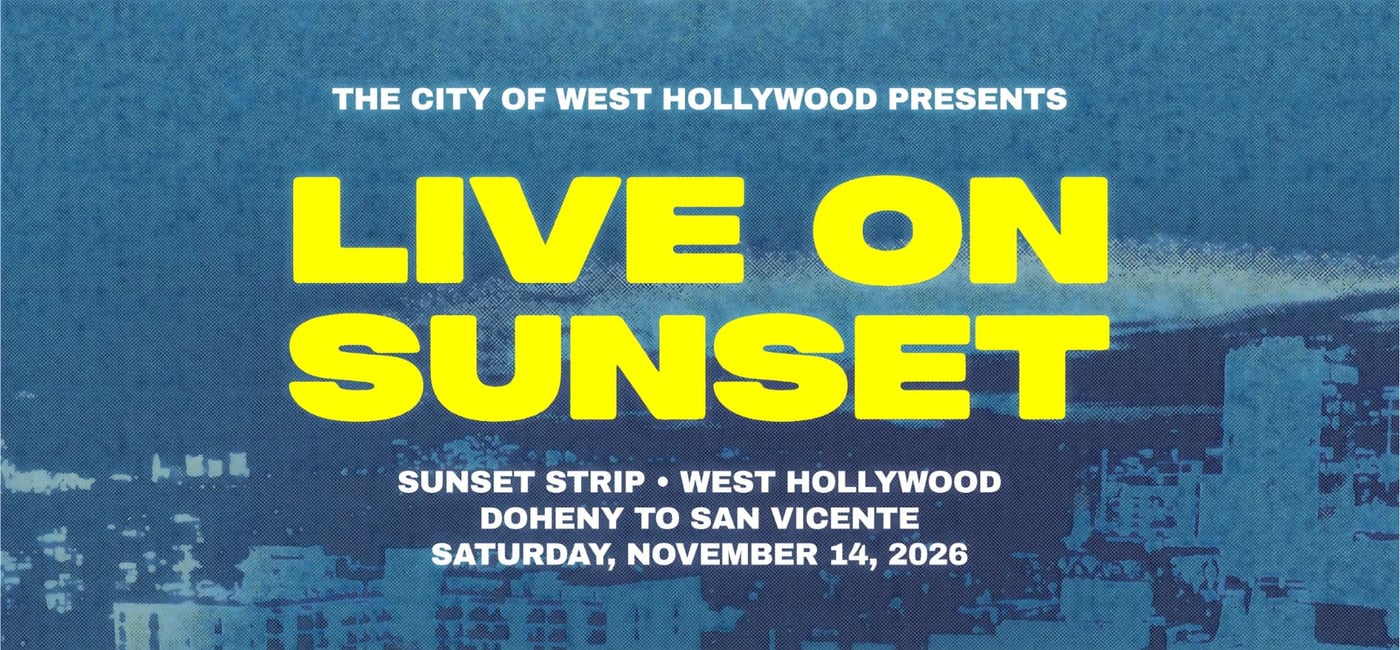 Live On Sunset poster announcing a November 14, 2026 event on the Sunset Strip between Doheny and San Vicente.