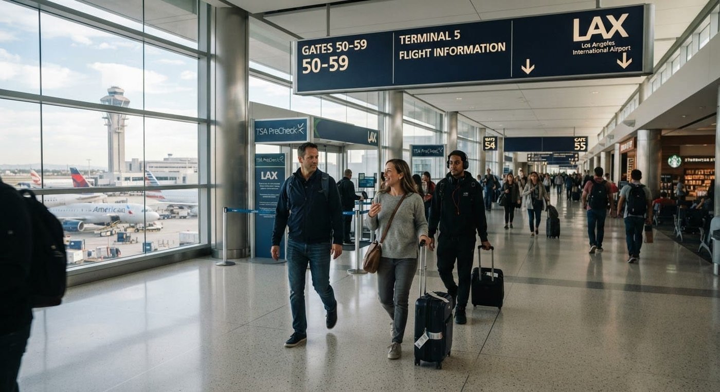 Travelers walk through an LAX terminal beneath signs for Terminal 5 and gates 50-59.