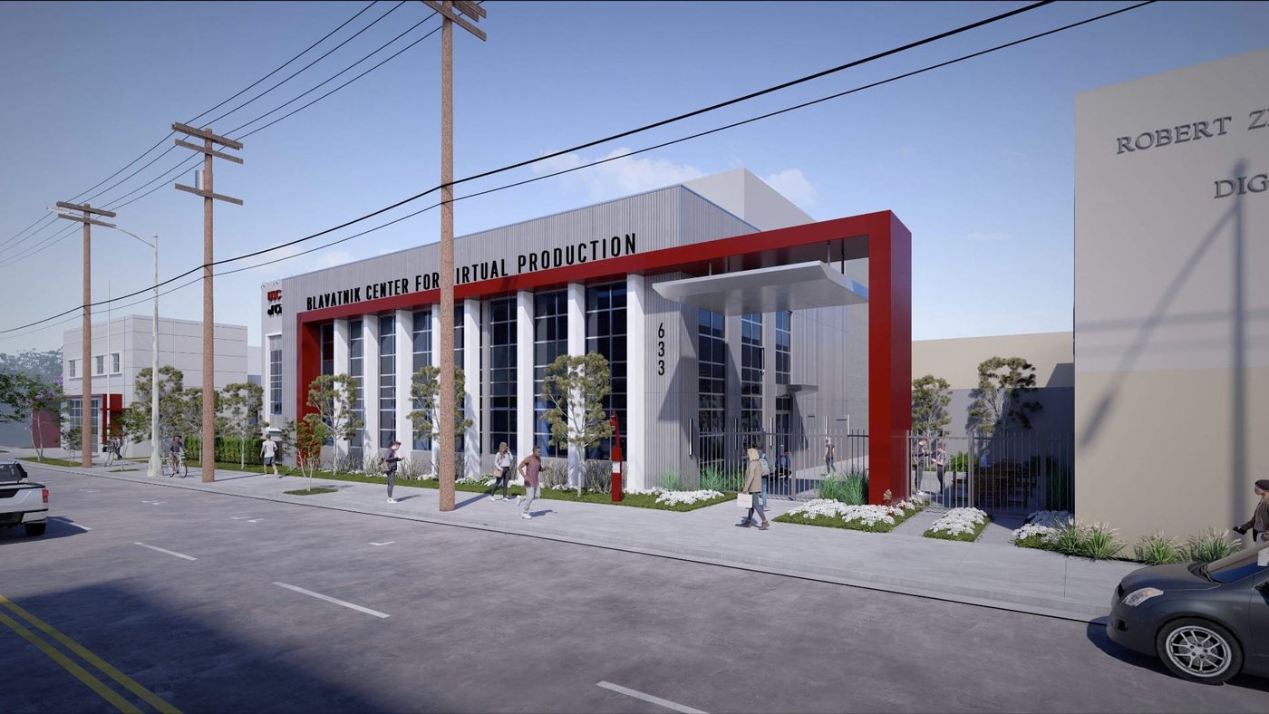 Rendering of USC's proposed Blavatnik Center for Virtual Production beside the Robert Zemeckis Center.