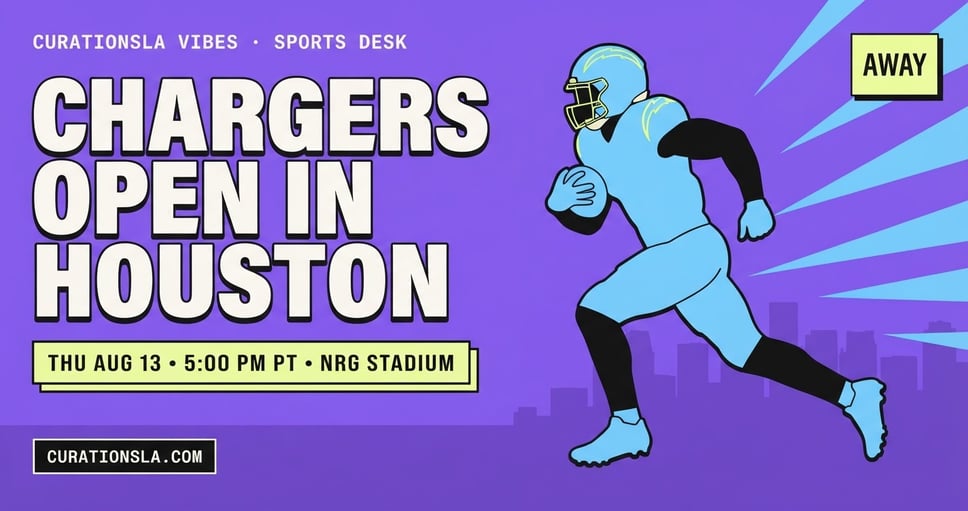 CurationsLA Sports Desk poster. Flat vector football player silhouette in sky blue on a purple field, with an AWAY stamp and a lime chip reading Thursday August 13, 5:00 PM PT, NRG Stadium.
