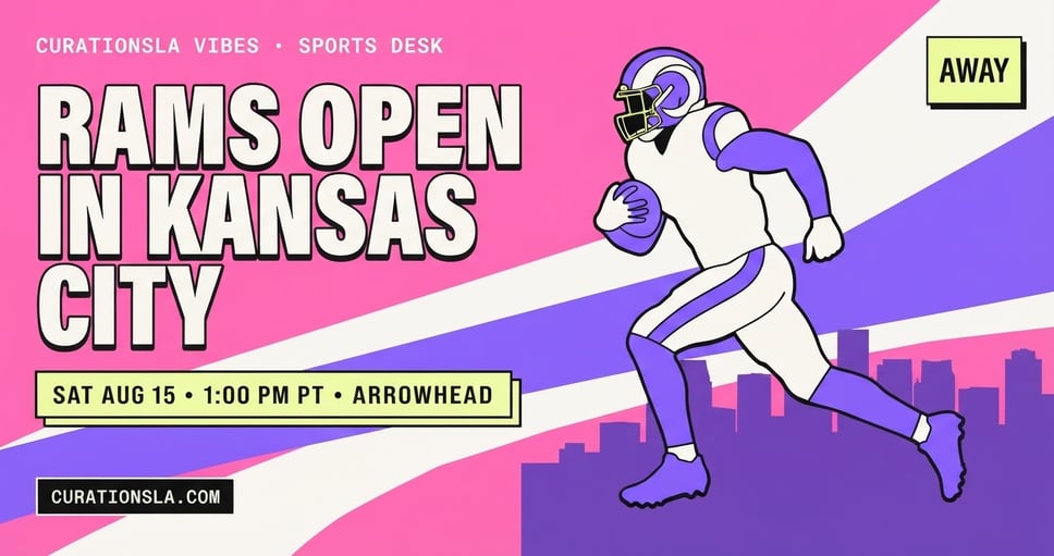 CurationsLA Sports Desk poster. Flat vector football player silhouette in white and purple on a hot pink field, with an AWAY stamp and a lime chip reading Saturday August 15, 1:00 PM PT, Arrowhead.