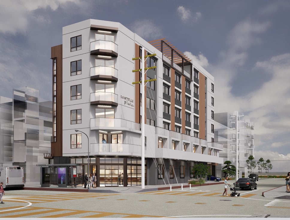 Rendering of Sawtelle Place, a 7-story mixed-use apartment building at 1770 Sawtelle Blvd