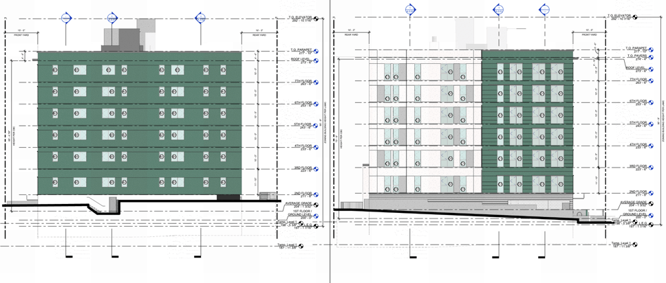 Building elevations from the July 2026 filing, showing the seven-story scheme at 95 feet 9 inches. DFH Architects.