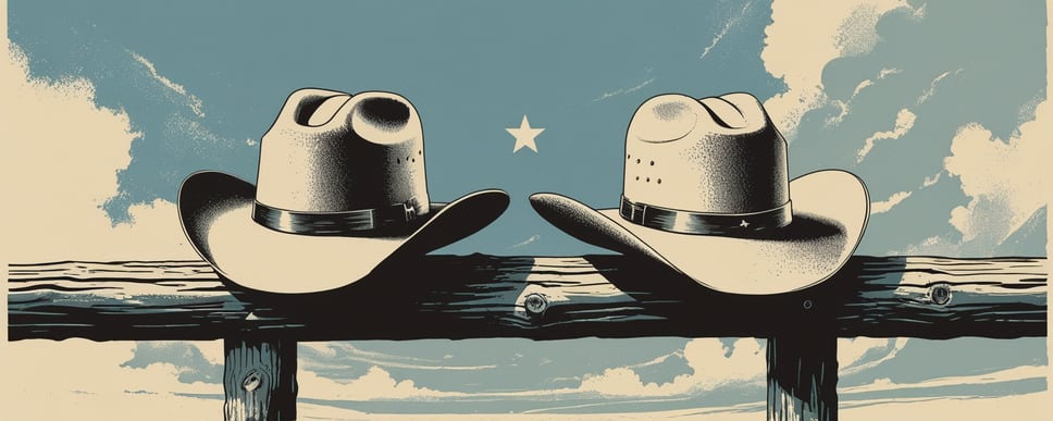 Riso-print illustration of two cowboy hats resting side by side on a ranch fence rail under a lone star