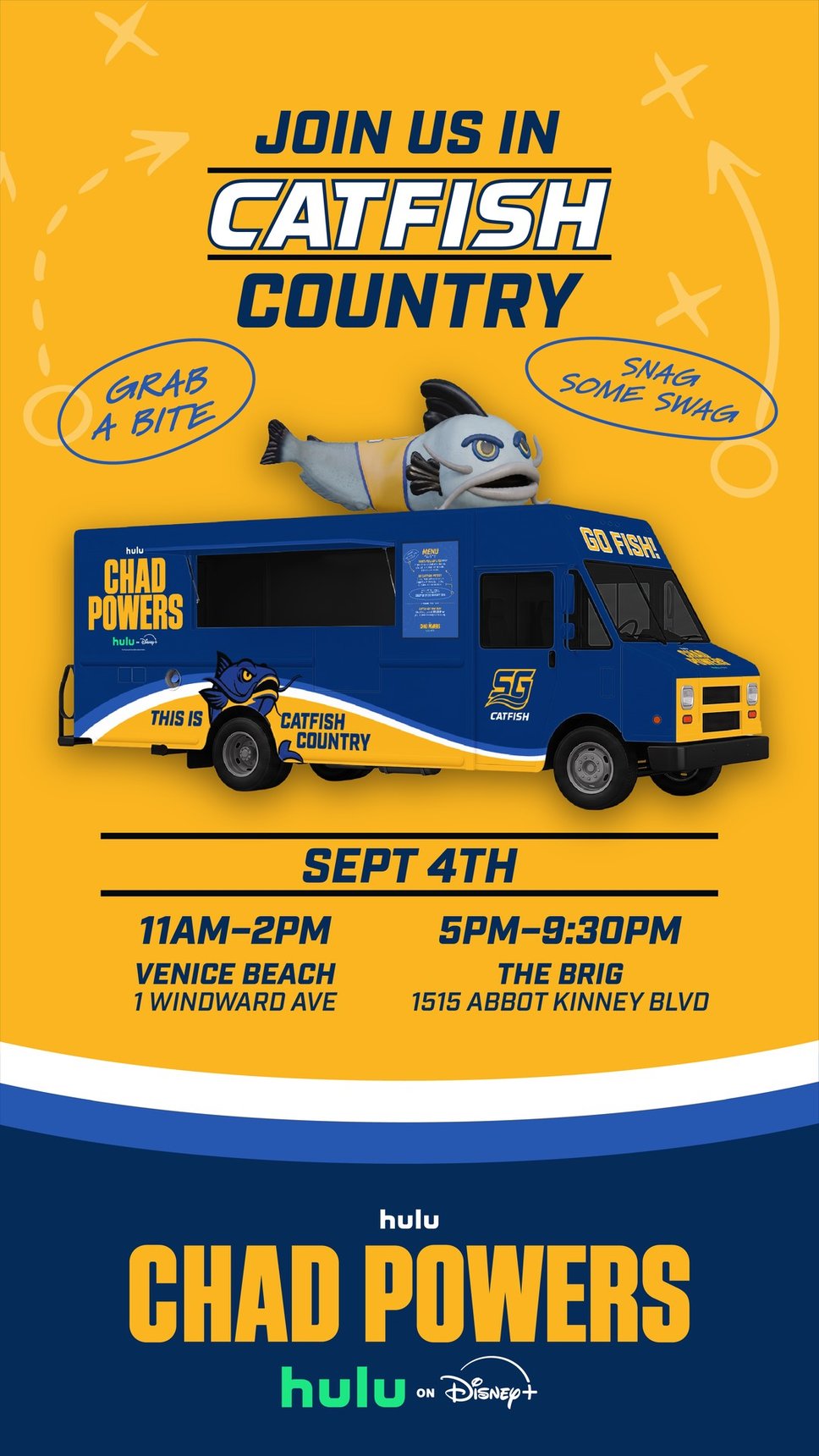 Join Us in Catfish Country: the blue and gold Chad Powers Catfish Food Truck with a catfish mascot on the roof, listing Sept 4th stops at Venice Beach from 11 AM to 2 PM and The Brig from 5 to 9:30 PM