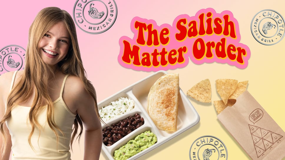 Promotional graphic for the Salish Matter Order at Chipotle: Salish Matter beside a Kid's Cheese Quesadilla meal with white rice, black beans, guacamole and chips, on a pink and yellow background with Chipotle logos.