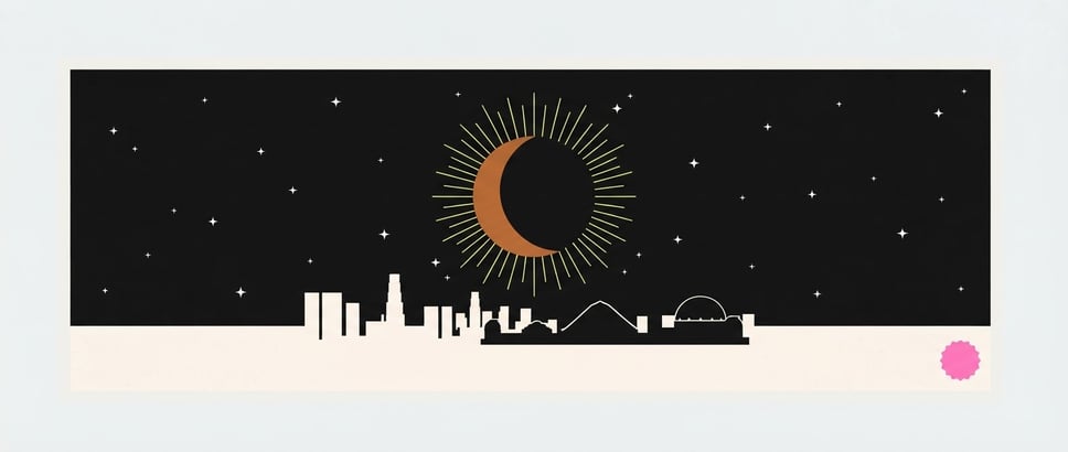 Illustrated banner of a copper crescent moon in partial eclipse over the Los Angeles skyline and Griffith Observatory