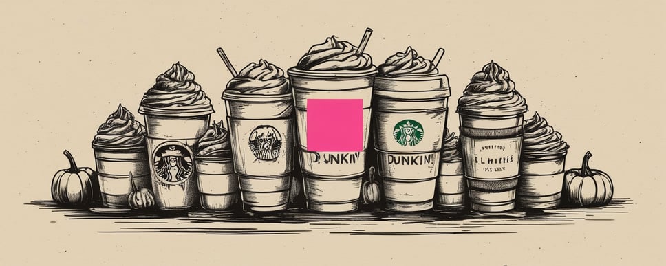 Ink-sketch illustration of a lineup of whipped-cream-topped pumpkin spice drinks from Starbucks and Dunkin with small pumpkins