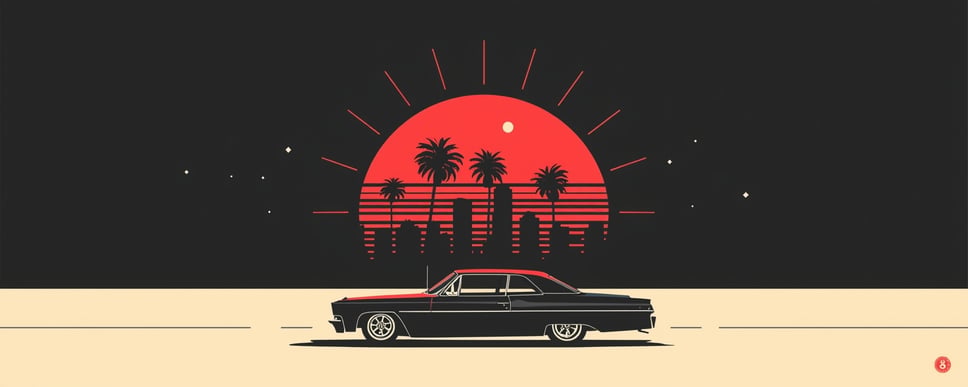 Midnight poster illustration of a classic lowrider on a palm-lined boulevard under a rising red sun over the LA skyline