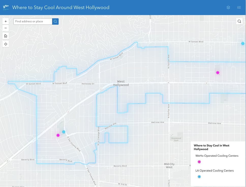 Map titled Where to Stay Cool Around West Hollywood, showing the city boundary outlined with pink markers for city-operated cooling centers and blue markers for LA-operated cooling centers.