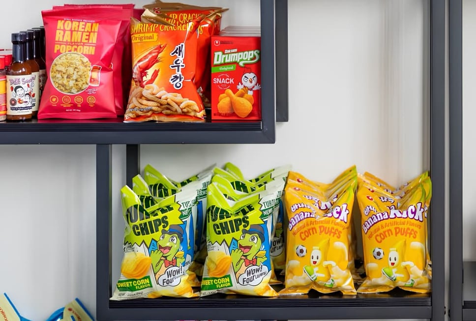 Korean snack shelves stocked inside Mokja, the new Highland Park market-cafe
