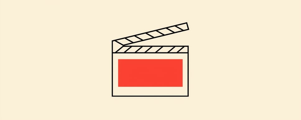 A minimal line drawing of an open film clapperboard with a red slate, on a cream background
