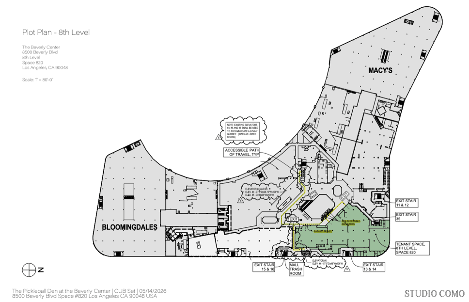 Site plan: Studio Como · Space 820 highlighted on the Beverly Center's 8th level