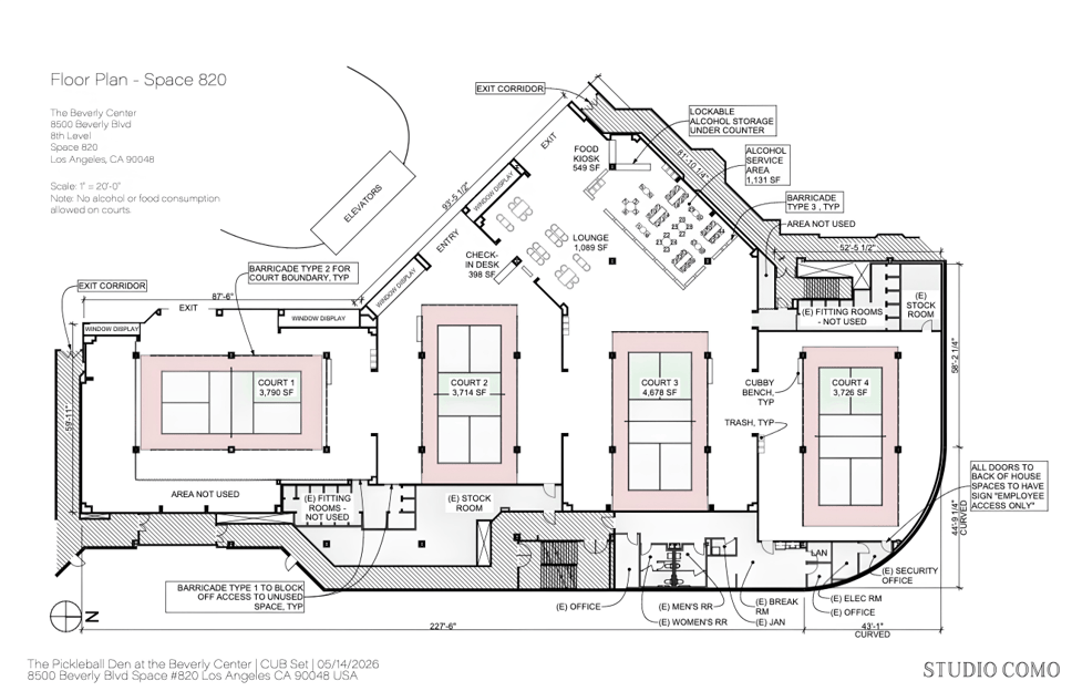 Studio Como floor plan for The Pickleball Den at the Beverly Center, Space 820, showing four pickleball court areas, a lounge, food kiosk, check-in desk, and a 1,131 square foot alcohol service area