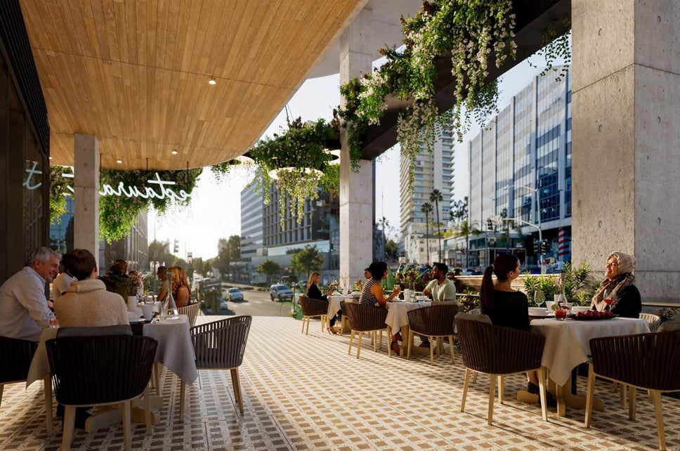 Rendering of new office proposals, street-level view, in the City of West Hollywood