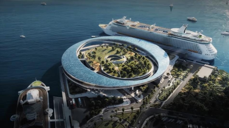Rendering of the proposed Outer Harbor Cruise Terminal featuring a modern ring-shaped structure with central green space