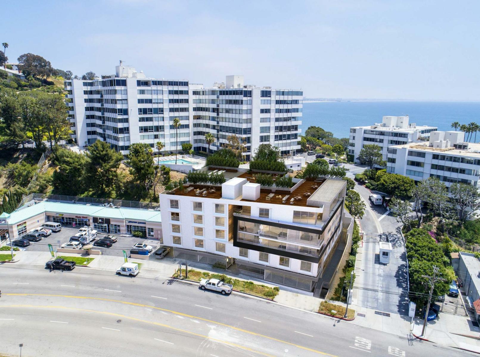 Rendering: Farzin Maly. The site in context on Sunset Boulevard, looking toward the ocean.