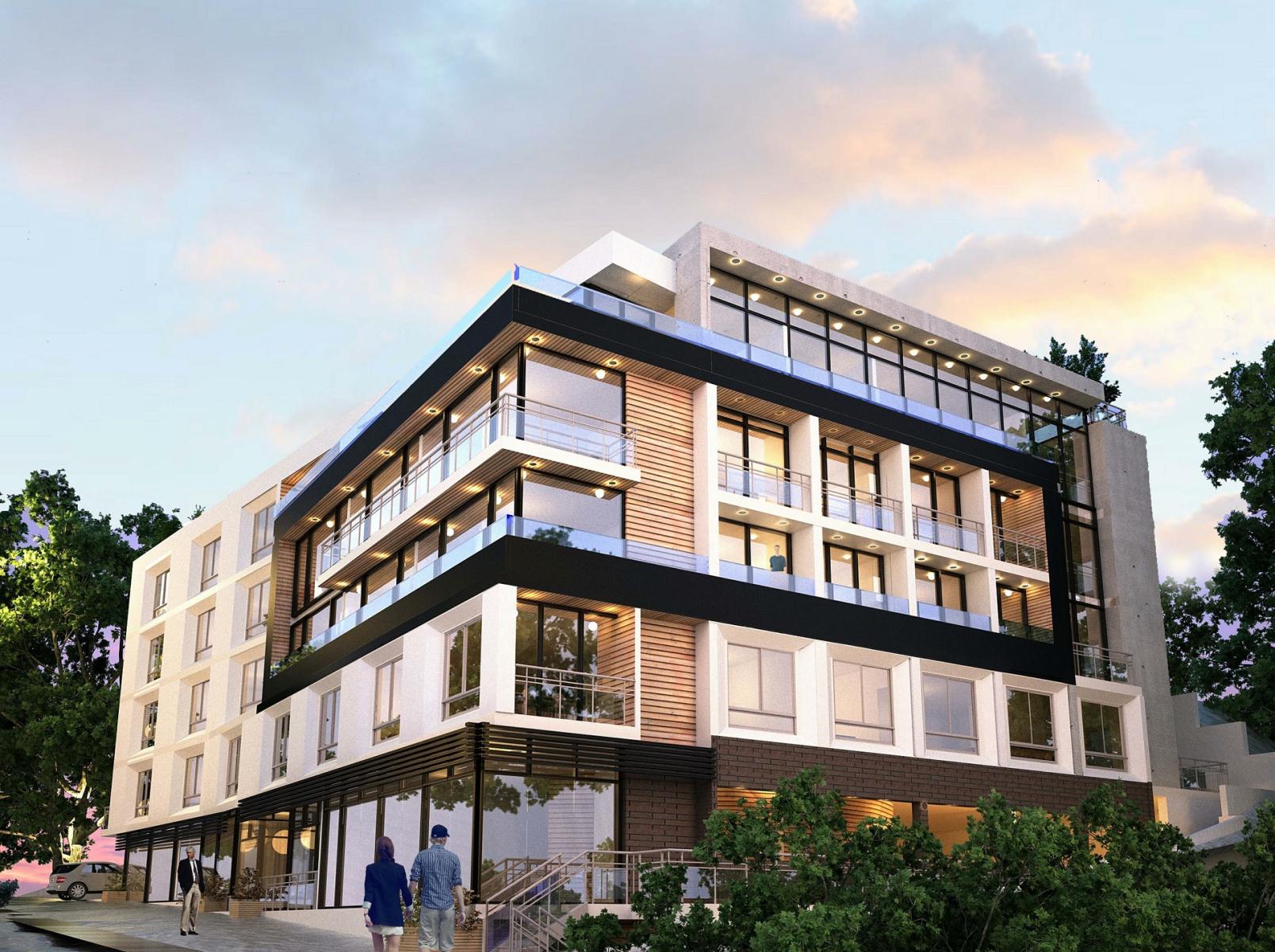 Rendering: Farzin Maly. Corner view at dusk.