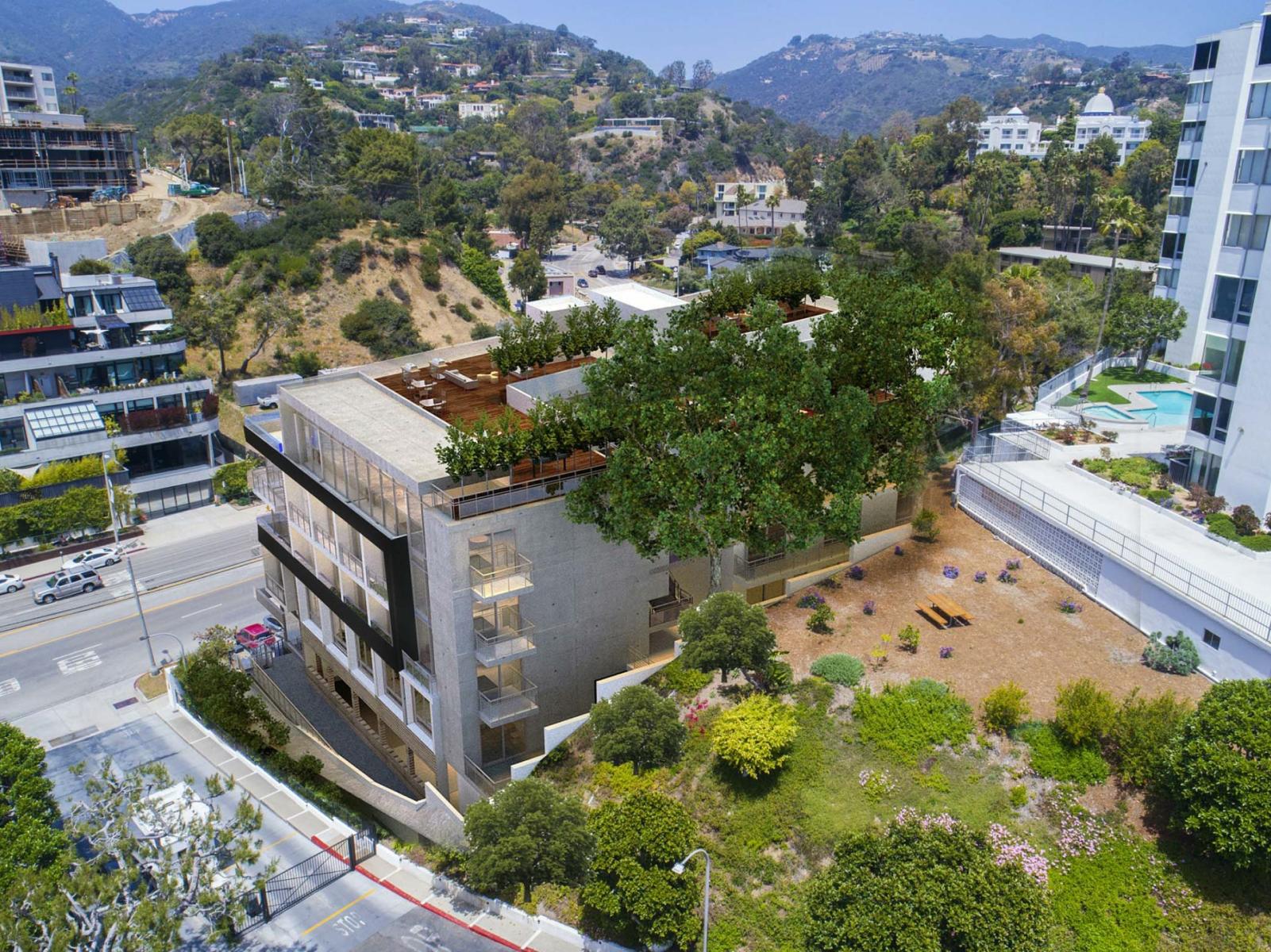Rendering: Farzin Maly. Rooftop amenity decks, with the canyon behind the site.