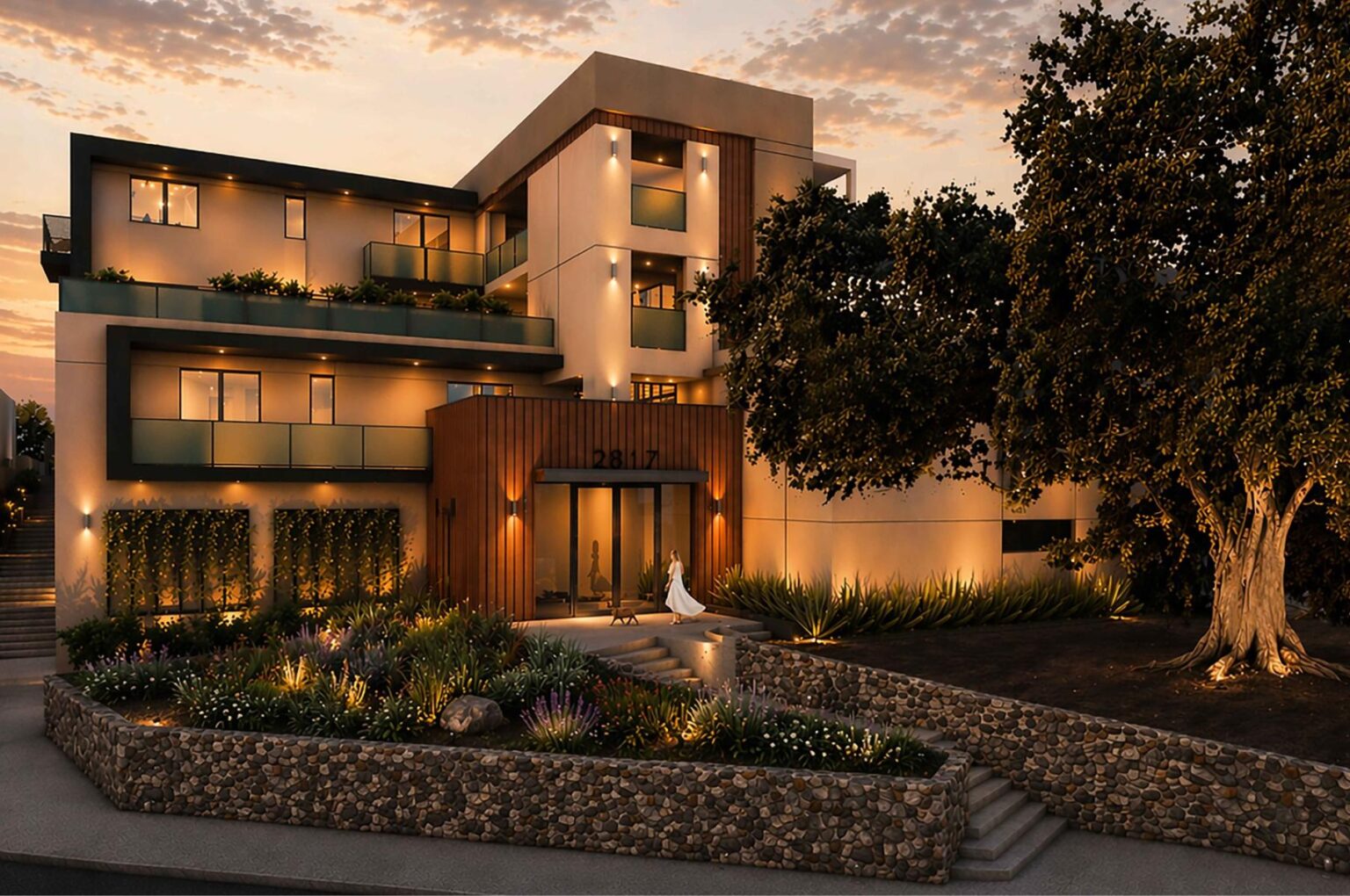 Evening rendering of the proposed apartment building at 2817 Montrose Avenue behind a mature Coast Live Oak.