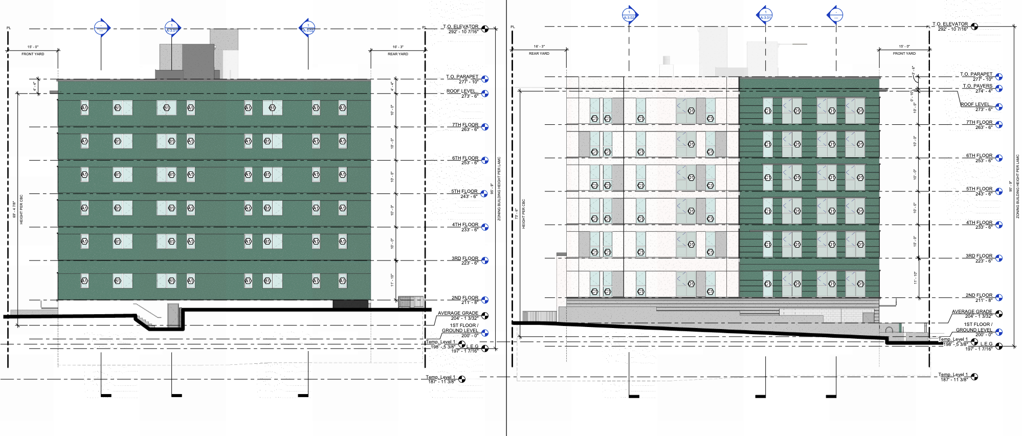 Building elevations from the July 2026 filing, showing the seven-story scheme at 95 feet 9 inches. DFH Architects.