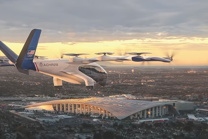 An Archer eVTOL aircraft near SoFi Stadium in Los Angeles