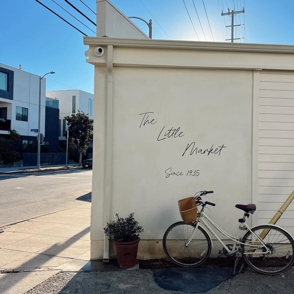 White Bodega & Palms wall reading The Little Market Since 1935 beside a bicycle in Venice.