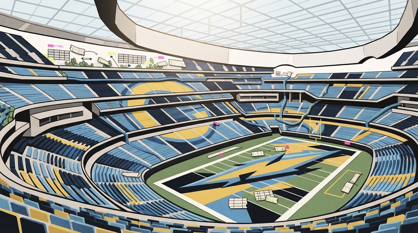 Stylized interior rendering of SoFi Stadium in Chargers powder blue and gold, with a lightning bolt across the field and planning notes around the seating bowl.