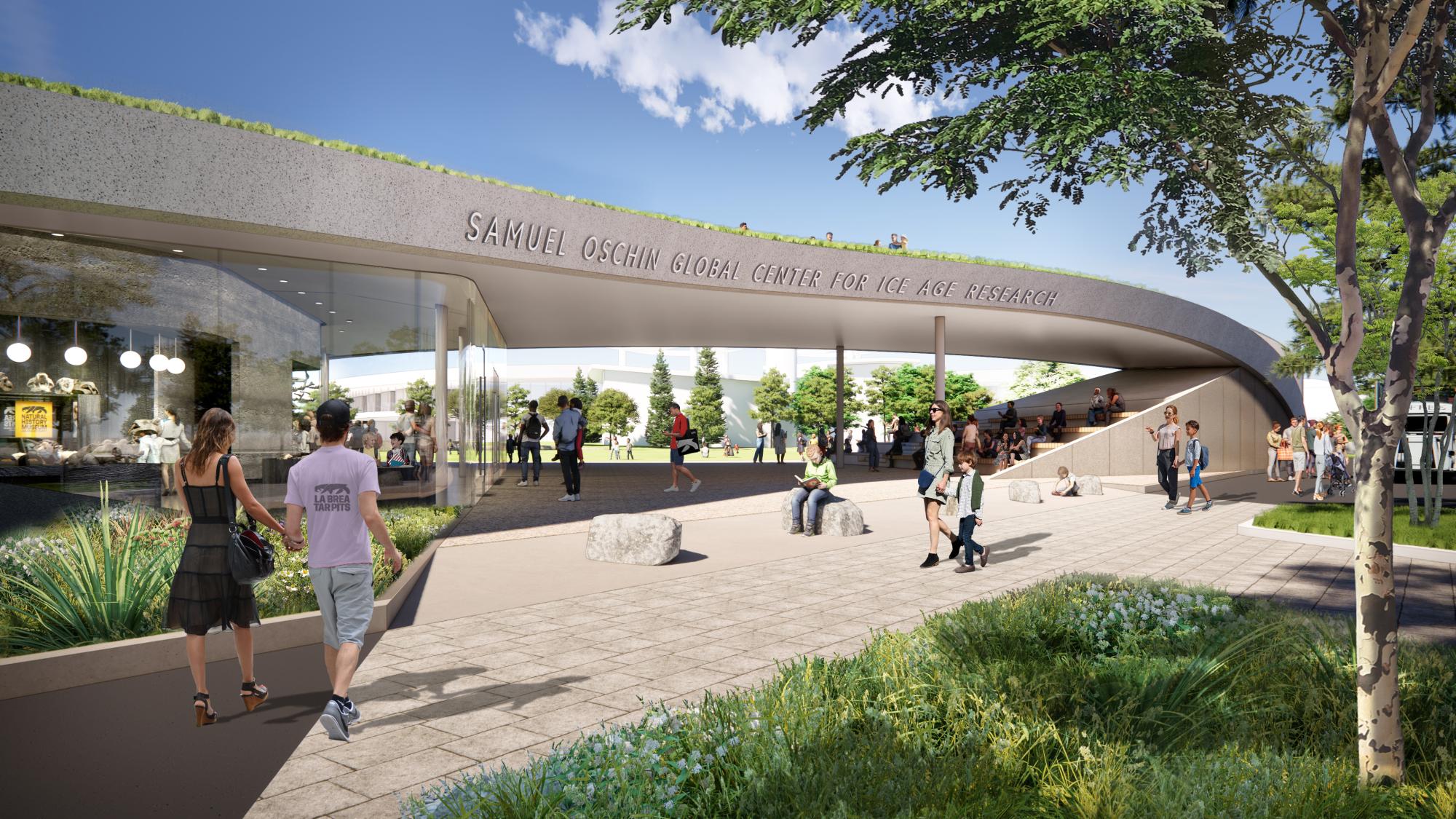 Aerial rendering of the redesigned La Brea Tar Pits park and George C. Page Museum in Mid-Wilshire.