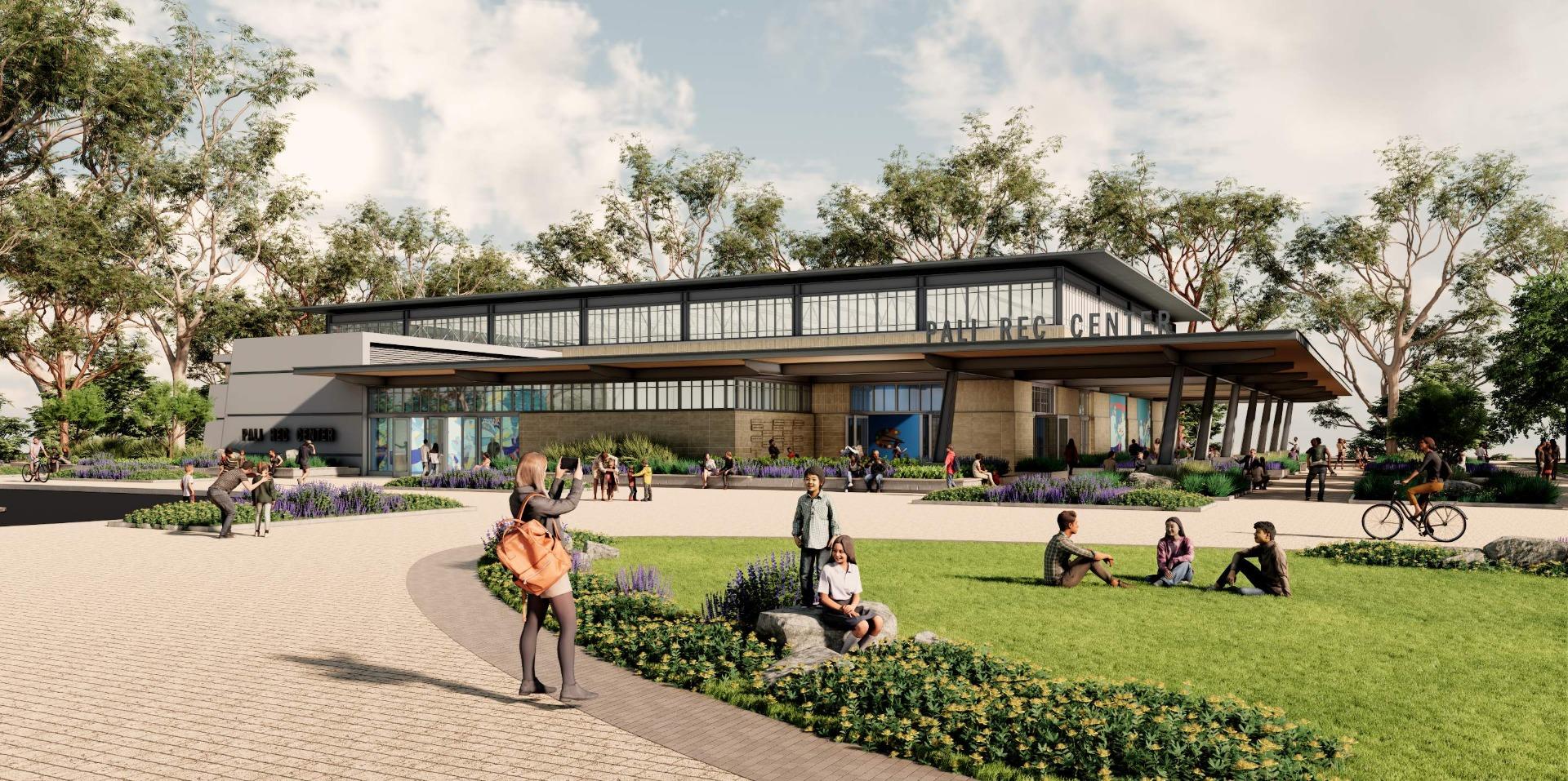 Architectural rendering of the rebuilt Pacific Palisades Recreation Center with a lawn, pathways, and community gathering spaces.