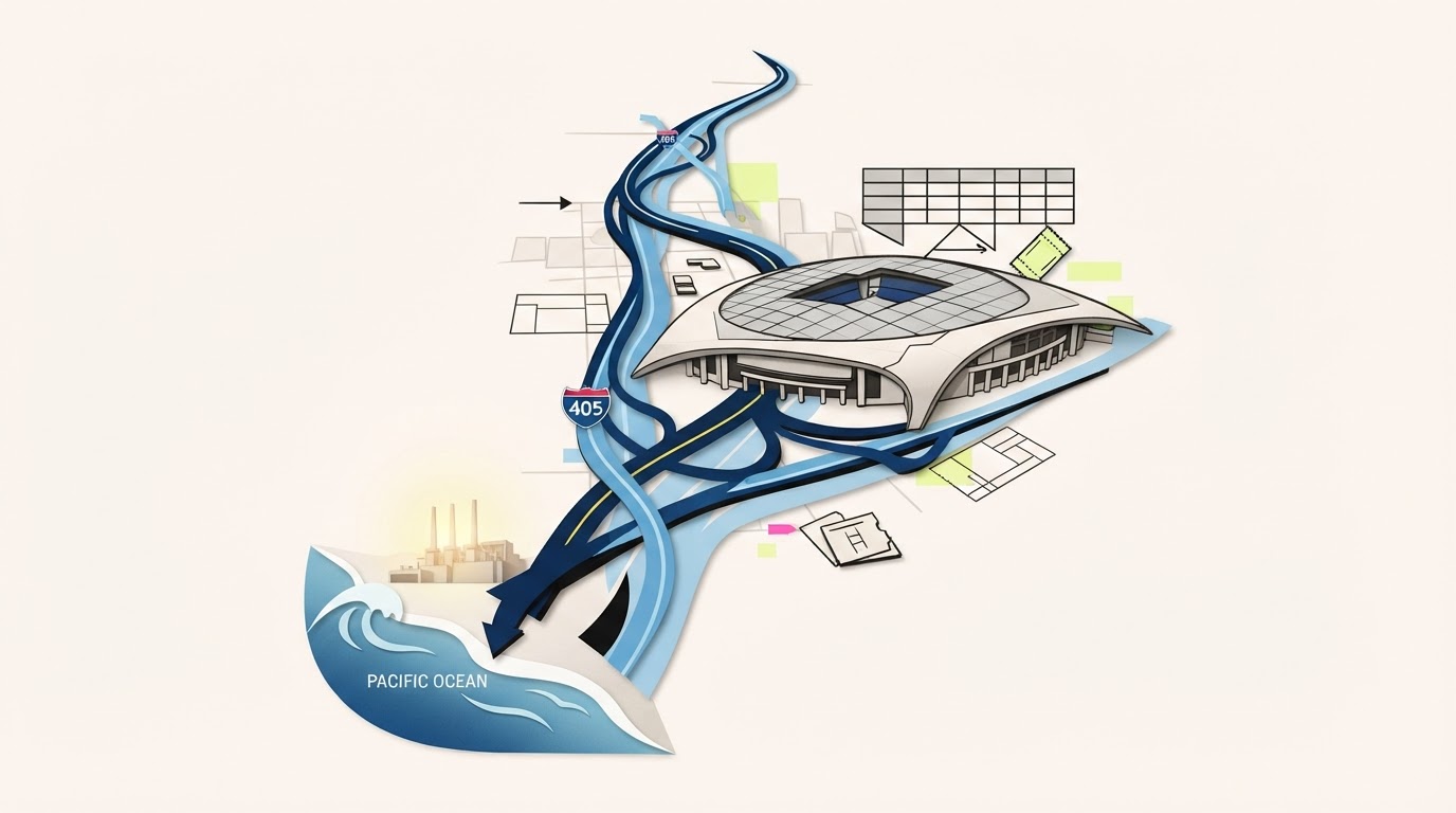 Stylized exterior map of SoFi Stadium with layered blue routes connecting the 405 freeway and Pacific Ocean, surrounded by planning-grid notes.