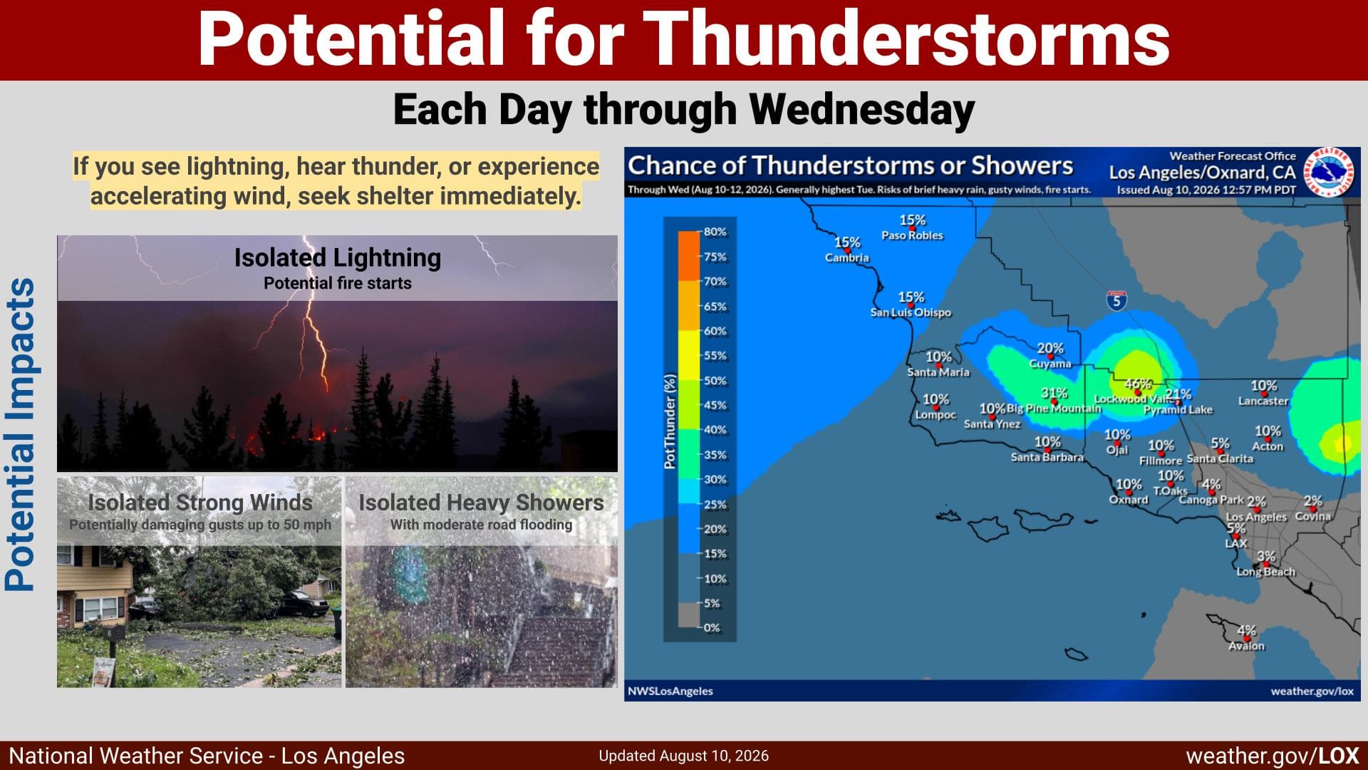 NWS Los Angeles thunderstorm outlook map through Wednesday, August 12