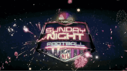 NBC Sunday Night Football logo transitions through fireworks into an aerial view of SoFi Stadium.