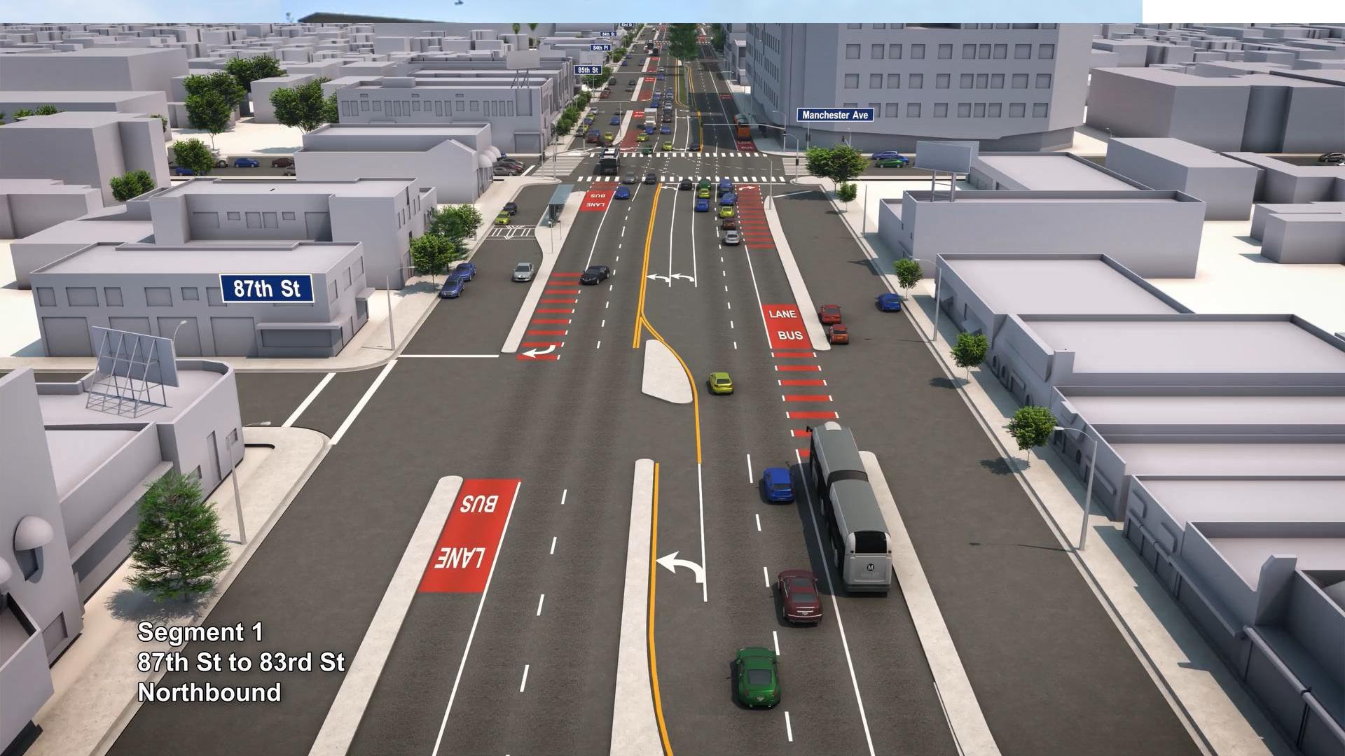 Rendering of dedicated Metro bus lanes on Vermont Avenue between 87th and 83rd Streets.