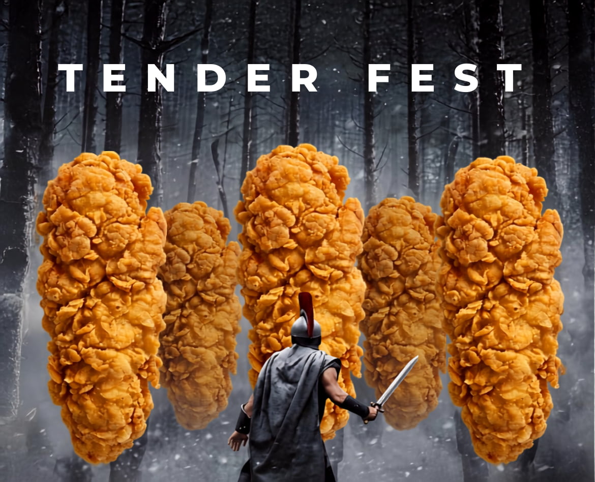 Tender Fest promotional artwork showing giant chicken tenders facing a warrior in a forest.