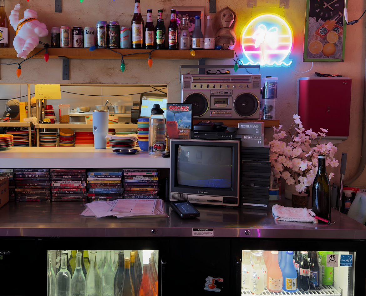 A restaurant counter with a vintage television, boombox, colorful dishes, and a neon palm-tree sign.