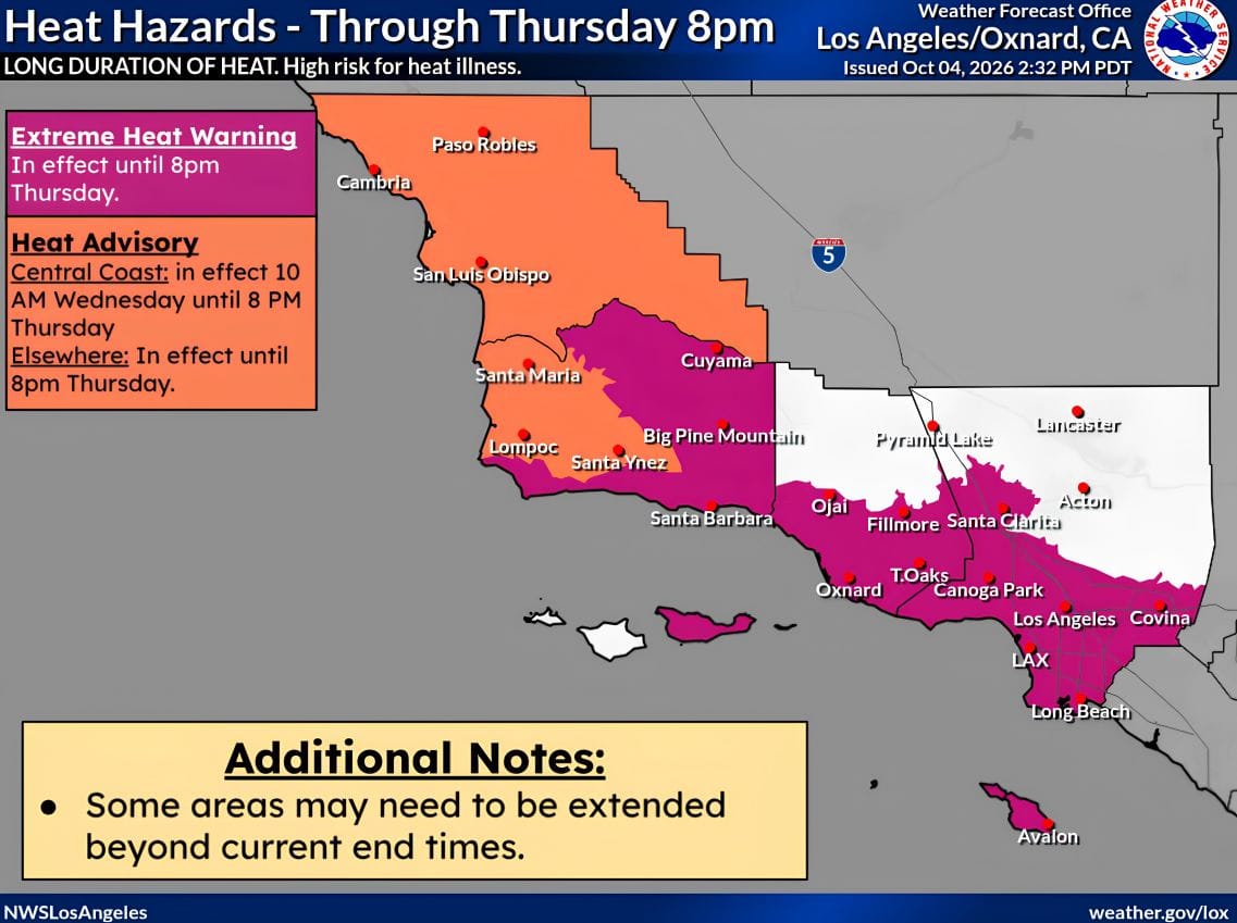 National Weather Service map showing extreme heat warnings and heat advisories across parts of Southern California through Thursday at 8pm.