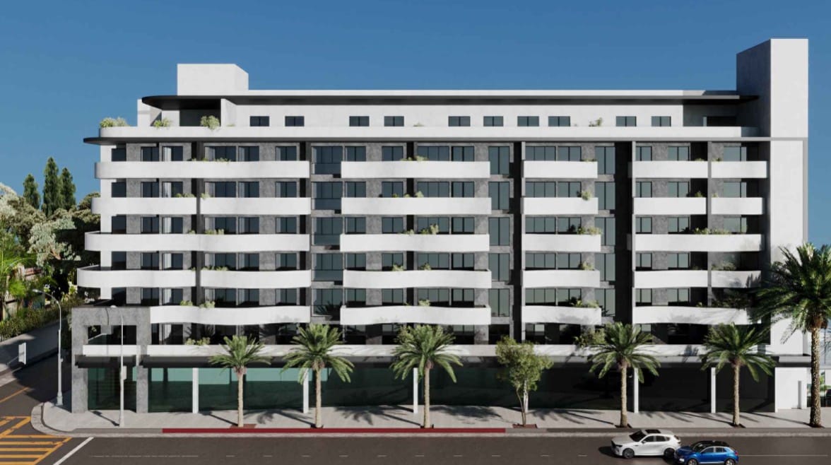 Architectural rendering of the proposed mixed-use apartment building at 177-195 S. Robertson Boulevard in Beverly Hills.