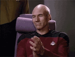 Patrick Stewart applauds as Captain Jean-Luc Picard in the closing animation.