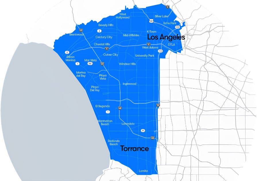 Waymo Los Angeles service map extending through the South Bay to Torrance.