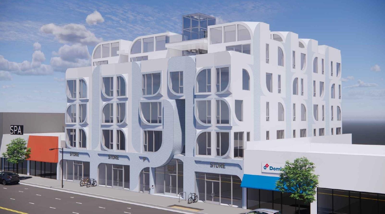 The completed mixed-use building on West Pico Boulevard.