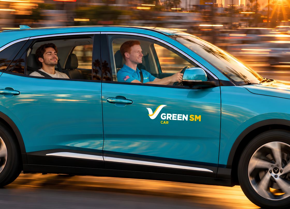 Green SM electric vehicles in Los Angeles.