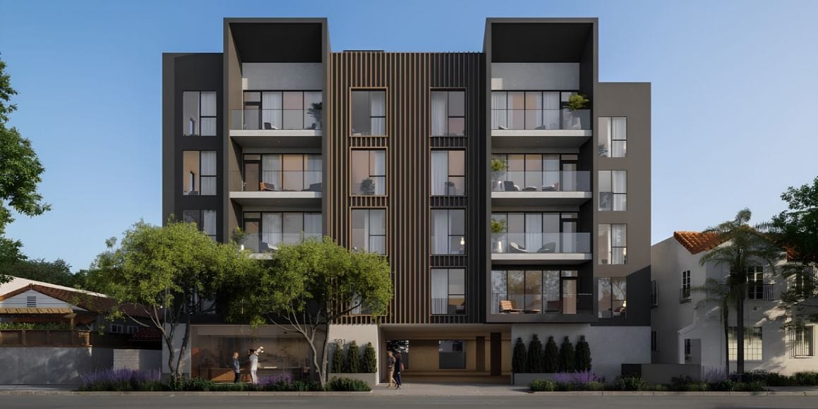 Rendering of the proposed five-story apartment building at 806 N. Sweetzer Avenue in Hollywood.