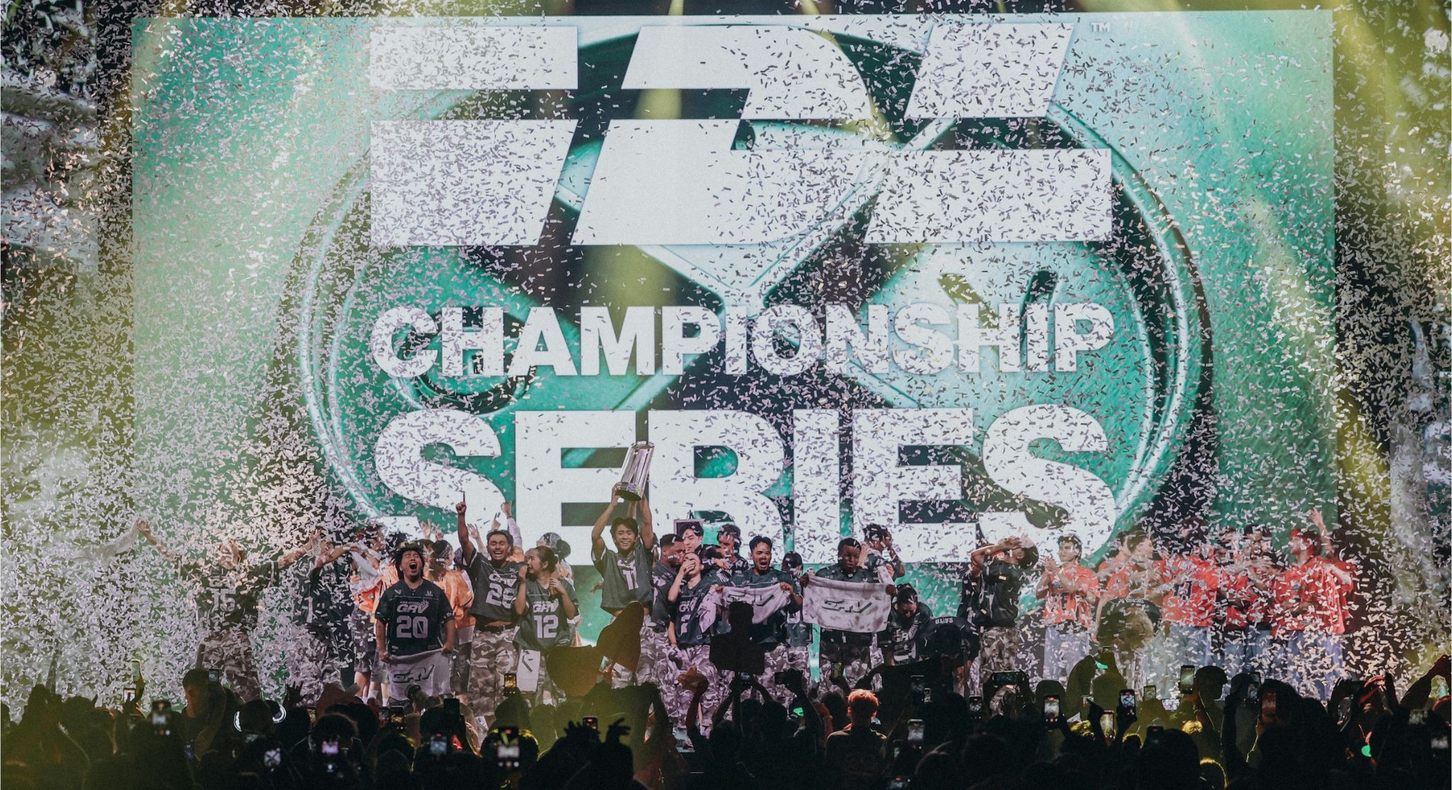 Los Angeles GRV celebrates its International Dance League championship on stage amid confetti.