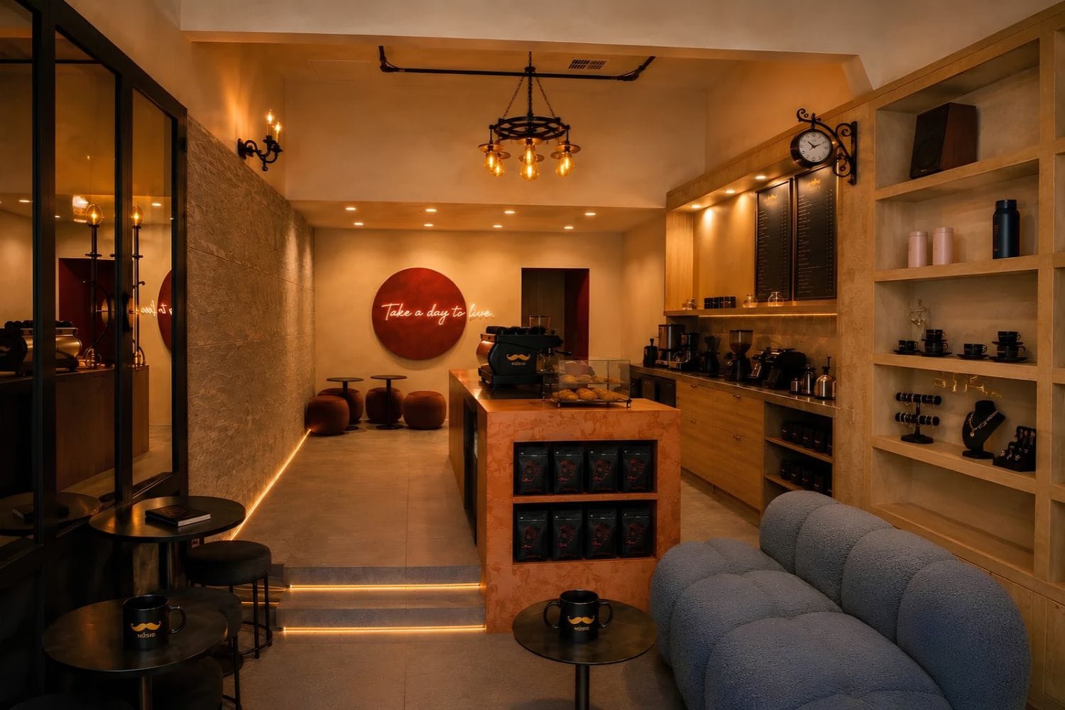 MÜSIO café interior in West Hollywood, with coffee counter, café seating, and a display of jewelry and merchandise.