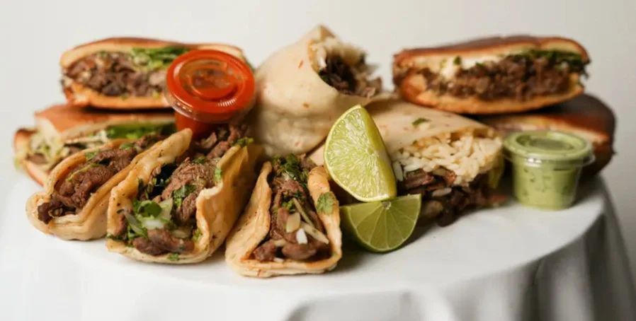 Hollywood Tortas tacos, tortas, and burritos served with lime and salsa.