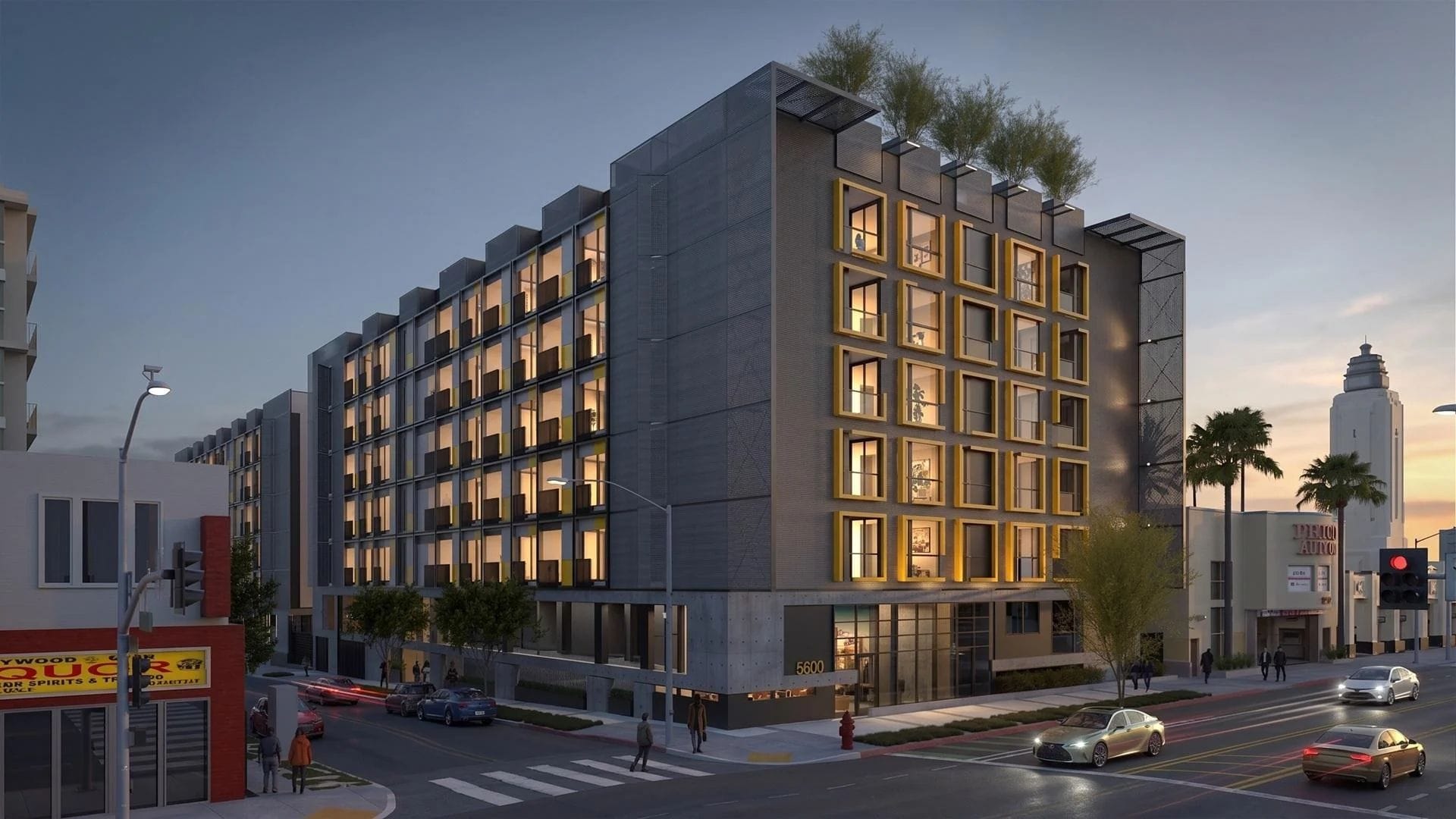 Rendering of a seven-story apartment building planned for 5600 Hollywood Boulevard.