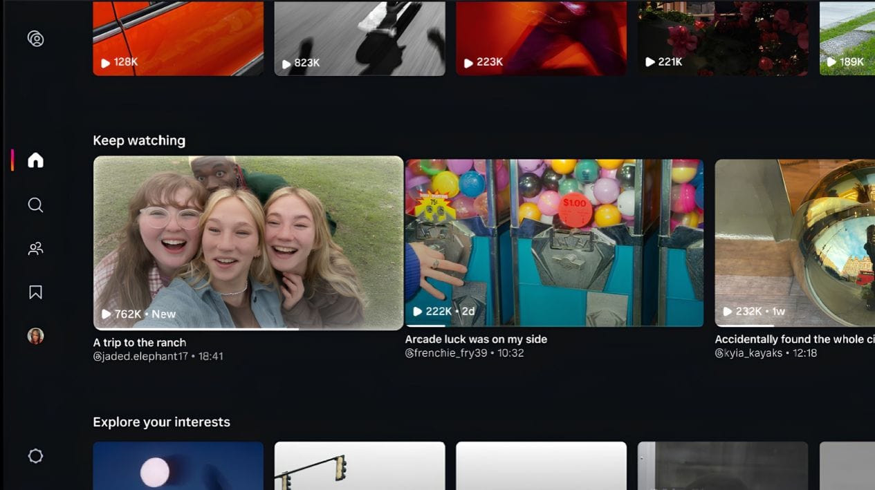 Instagram television interface displaying long-form videos and creator channels.