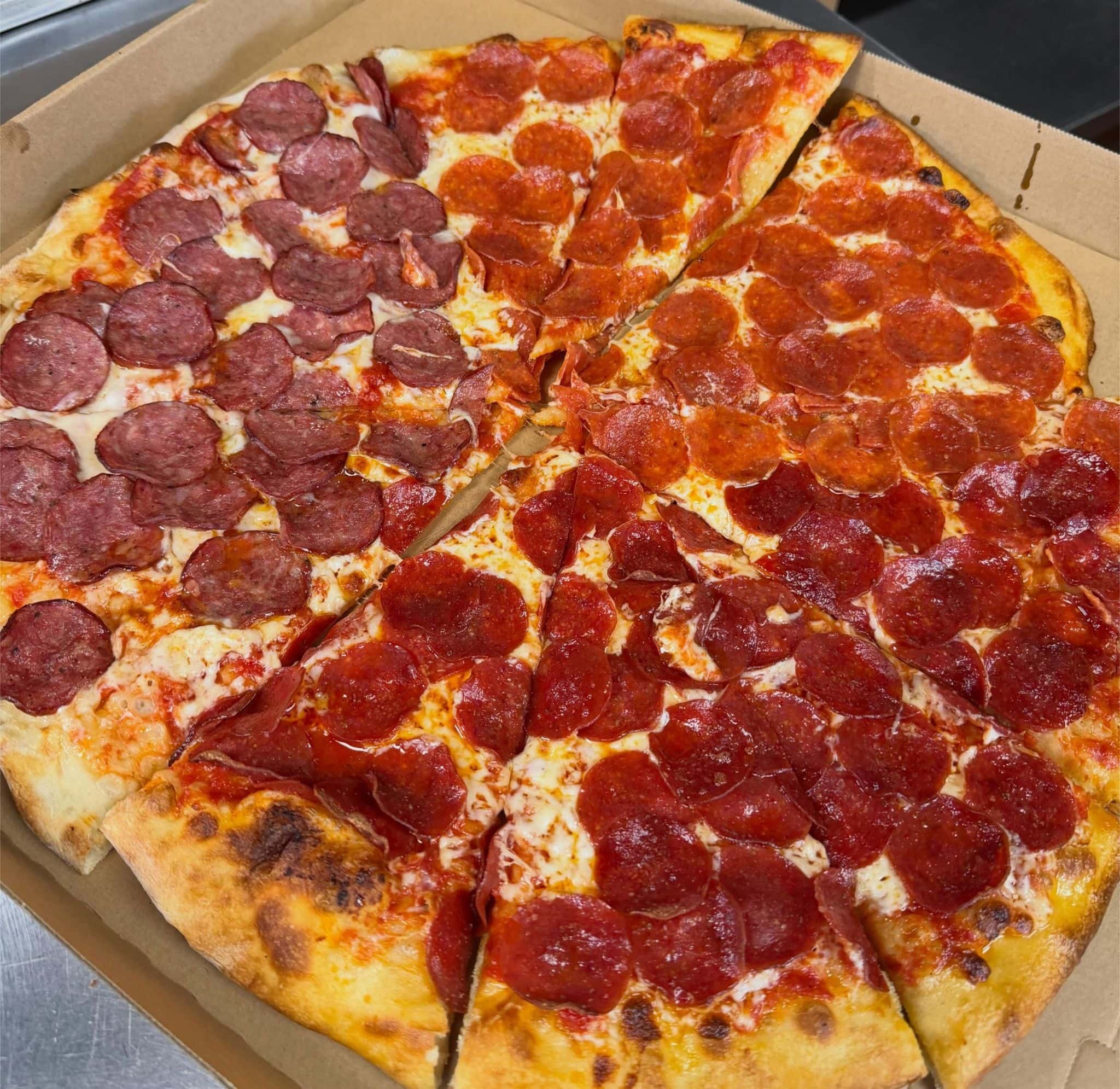 A Burattino pizza with three different topping combinations.