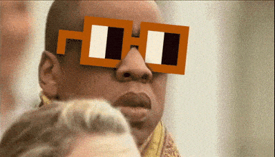 Jay-Z nods while wearing orange novelty glasses in the opening animation.